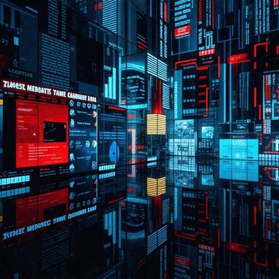 The primary subject of the image is a futuristic cityscape, featuring a large number of screens and digital displays. The setting is a futuristic environment, likely a digital art or illustration. The visual style is a combination of digital art and illustration, with a focus on the screens and displays. The colors and mood of the image are predominantly blue and red, creating a vibrant and dynamic atmosphere.